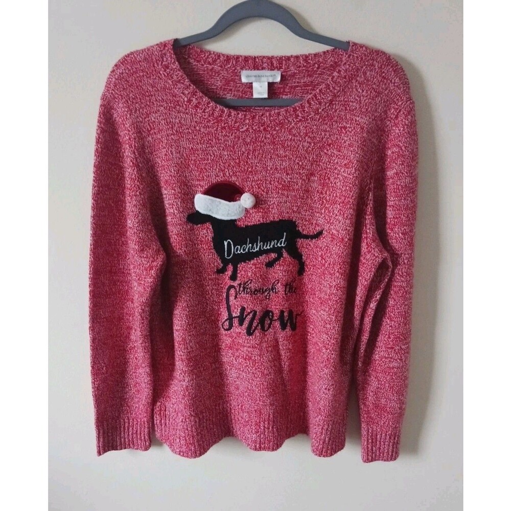 Christopher & Banks Dachshund Christmas Sweater Womens XL Red Holiday Doxie